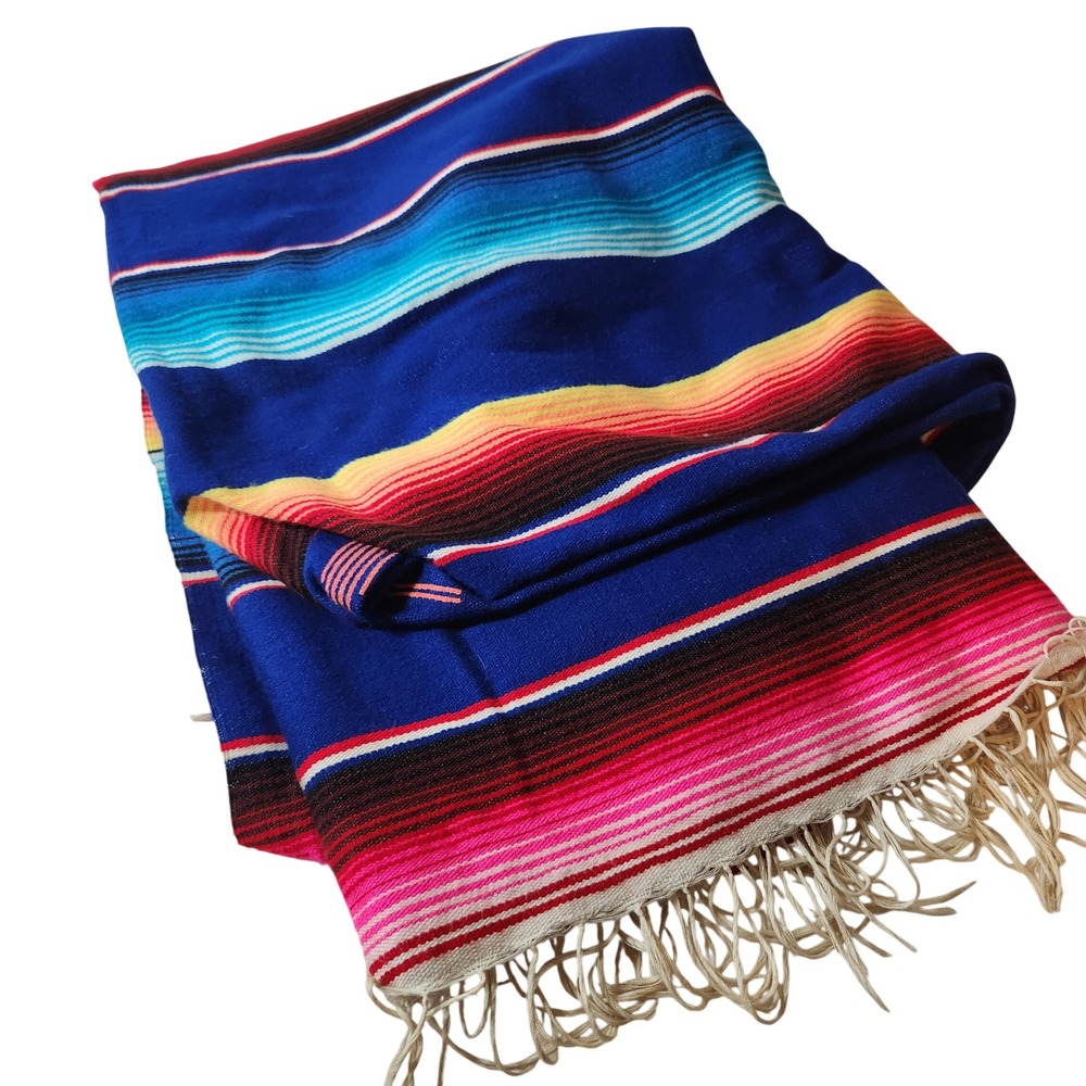 Vintage Mexican Serape Blanket Blue‎ Multi Color Fringed Throw Saltillo 60x82